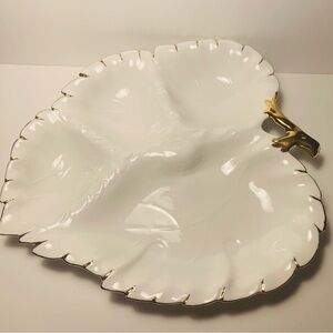 White Porcelain Leaf-Shaped Serving Platter with Gold Trim NWOT